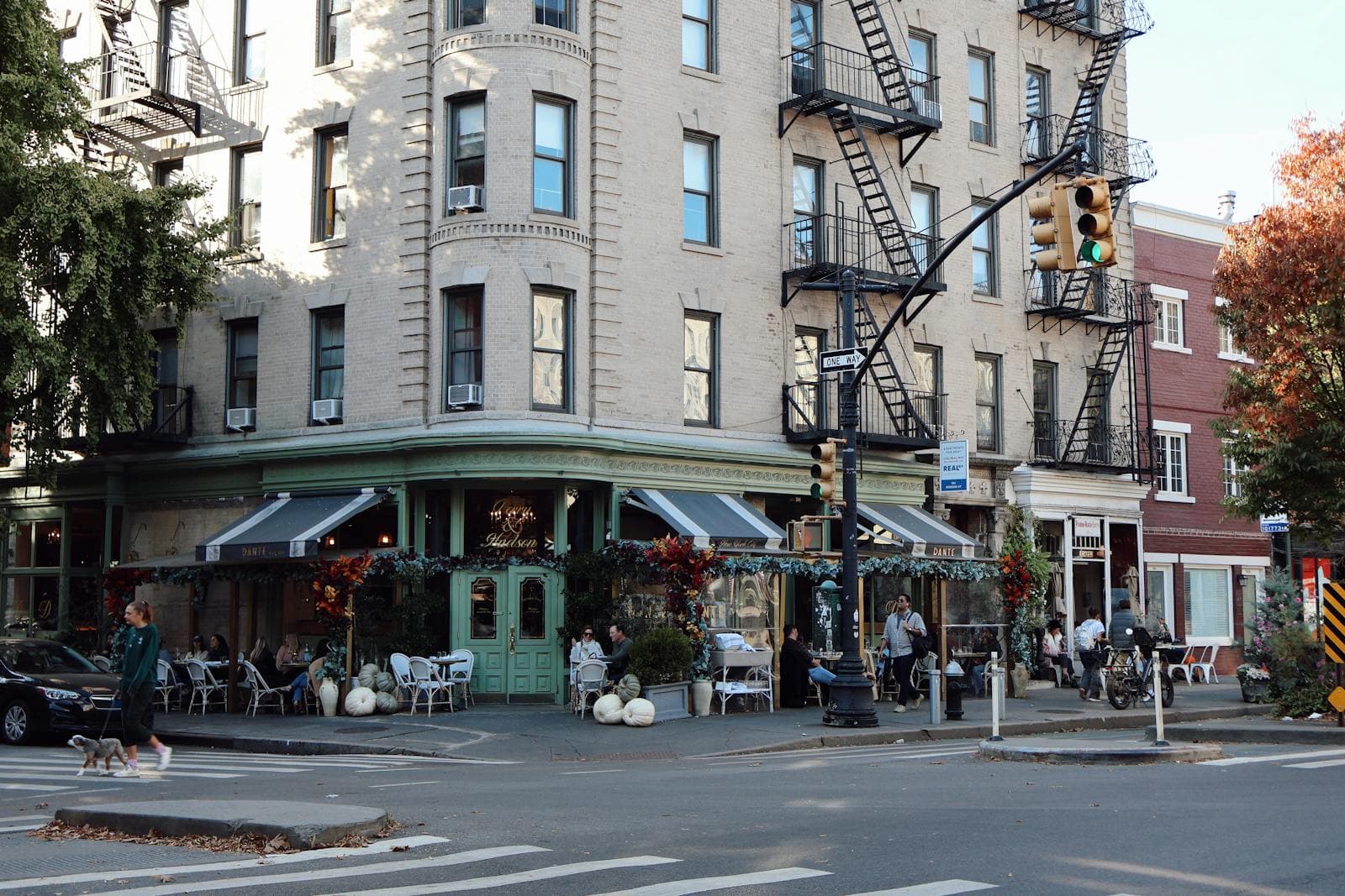 A corner cafe on a city street