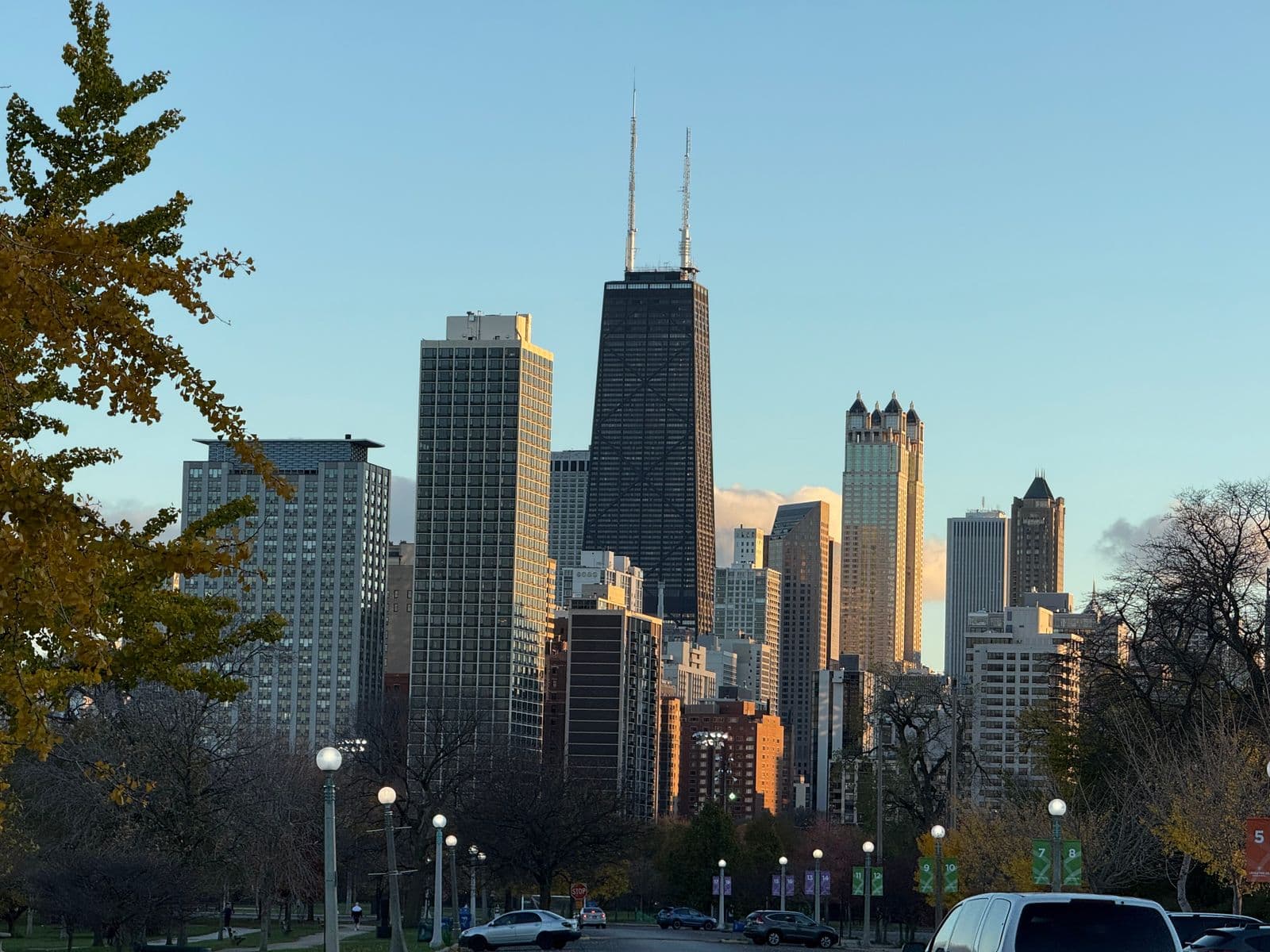 The Chicago skyline with the John Hancock Center rising above lakefront park trees in warm golden-hour light.