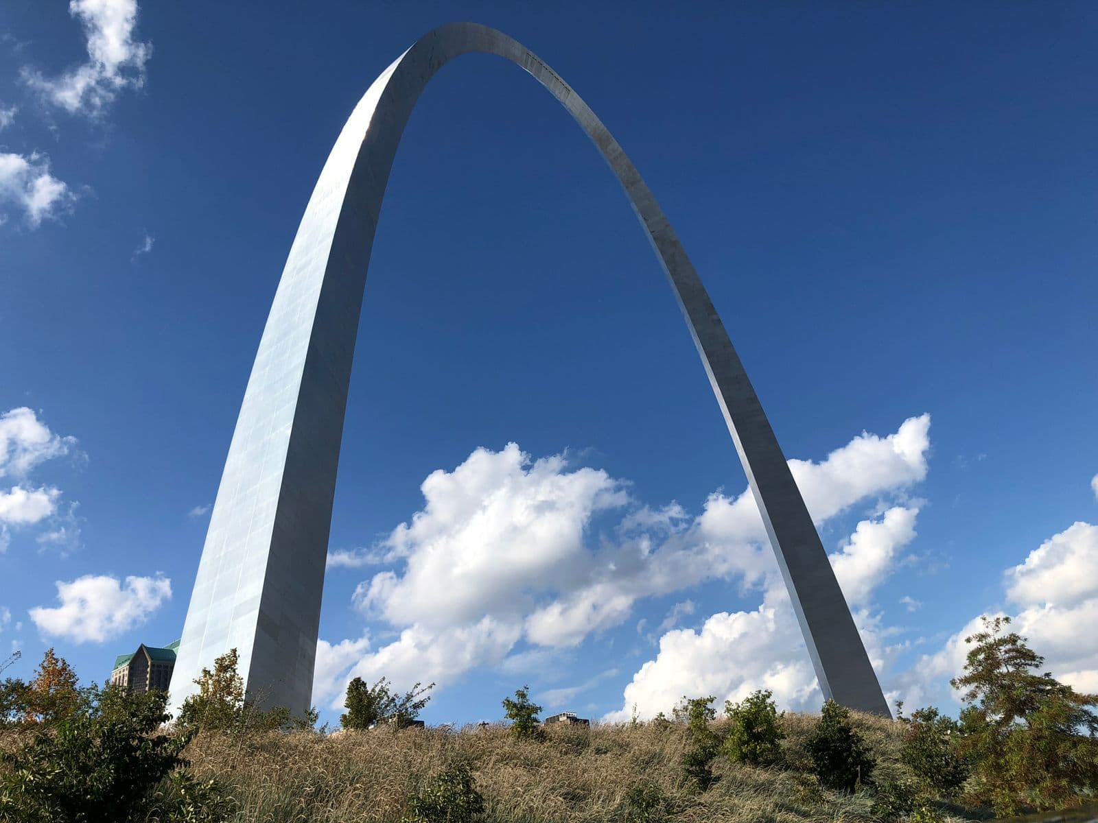 The stainless-steel Gateway Arch soaring over golden prairie grass against a bright blue sky in St. Louis.