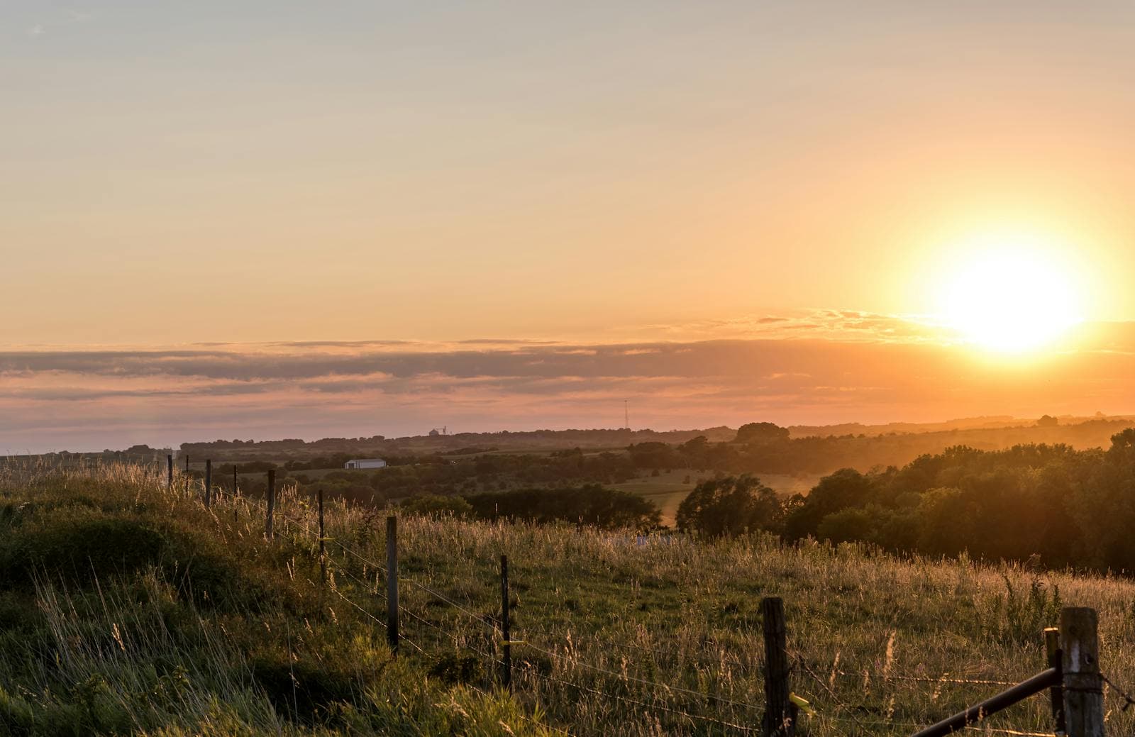 Golden sunrise light washing over rolling Nebraska farmland with a wire fence line in the foreground.