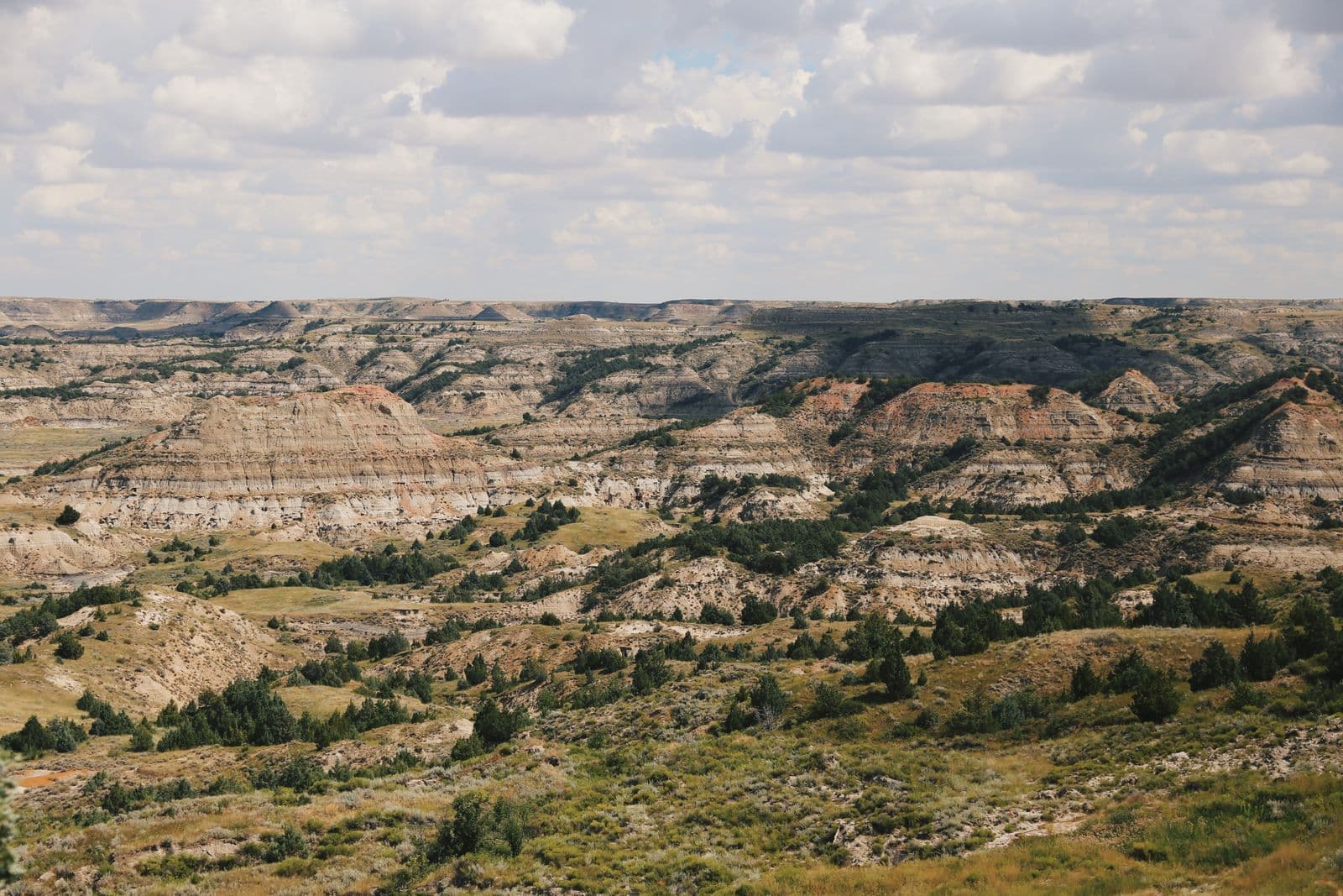 Layered buttes and grassy valleys of the North Dakota badlands in Theodore Roosevelt National Park.